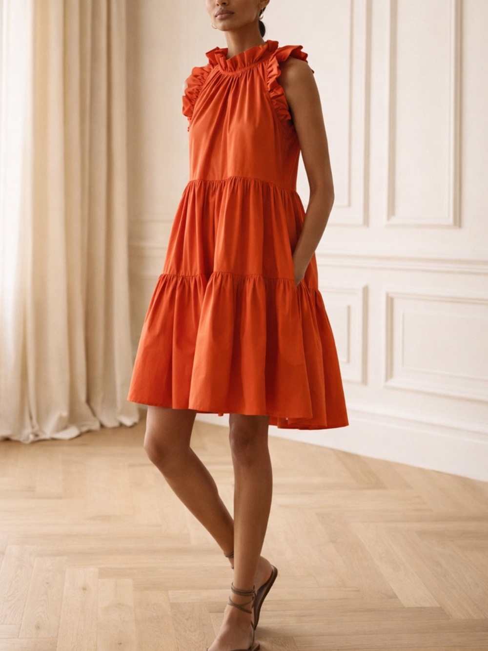 Ulla Johnson Tamsin Orange Ruffle Tiered Cotton Poplin Mini Dress